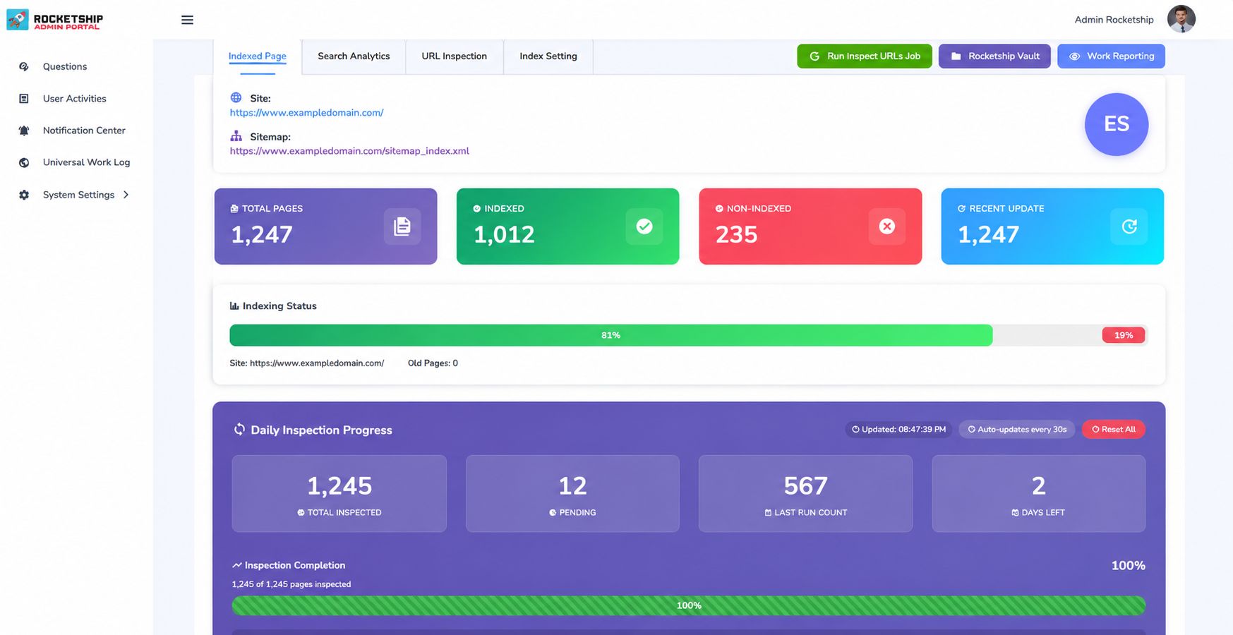 Advanced Indexer dashboard showing indexed pages and Google Search Console history