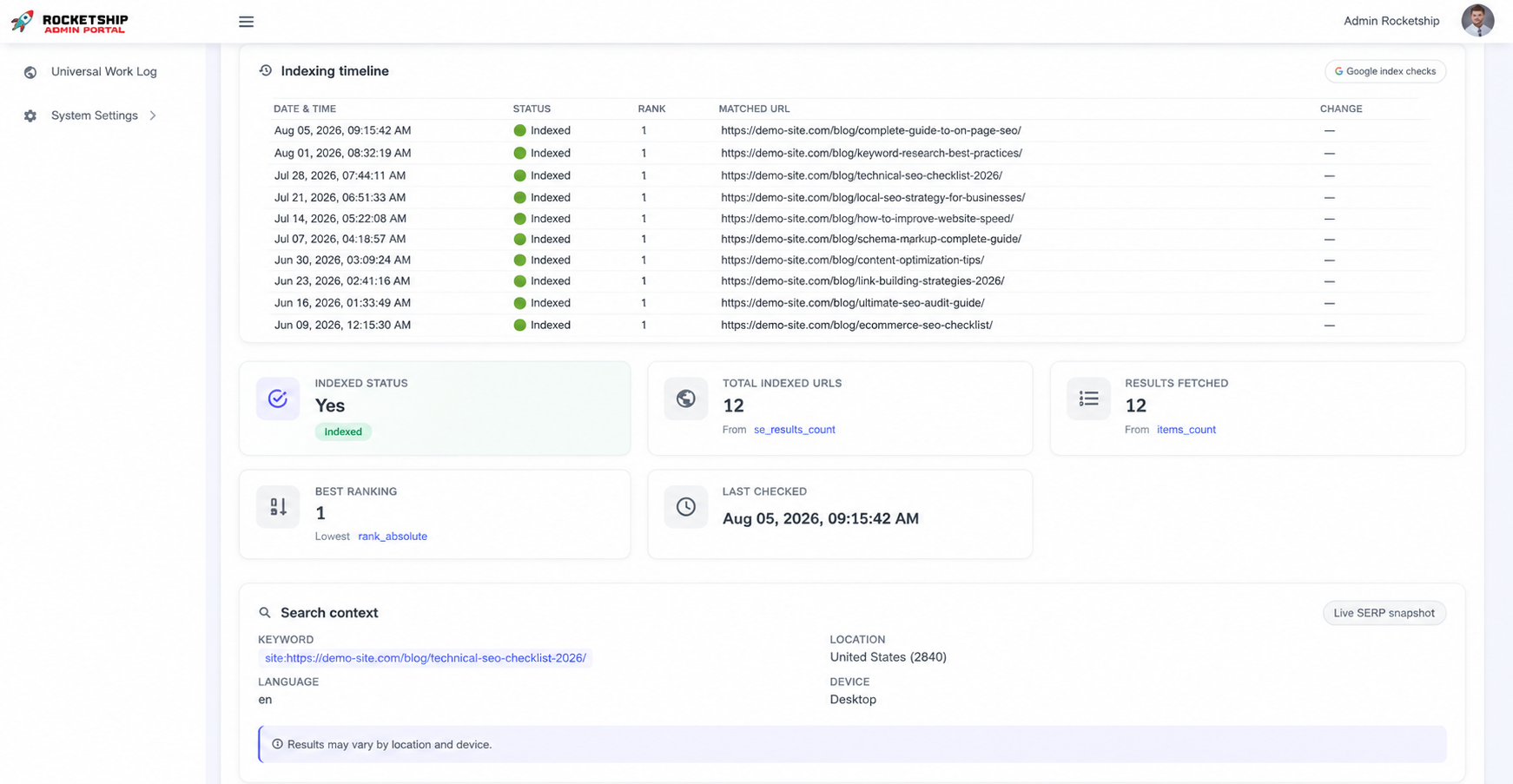 Link and page indexing timeline with live and indexed status checks