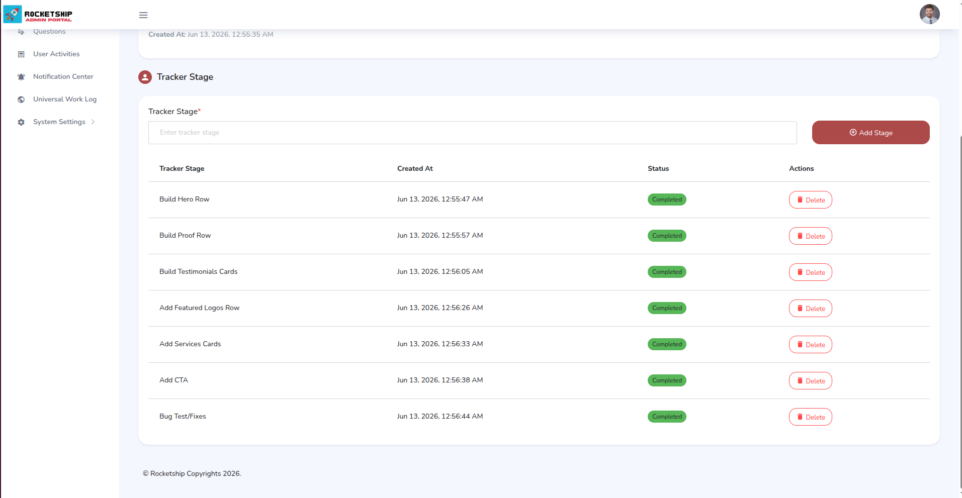 Project Tracker showing SEO initiative stages and completion status